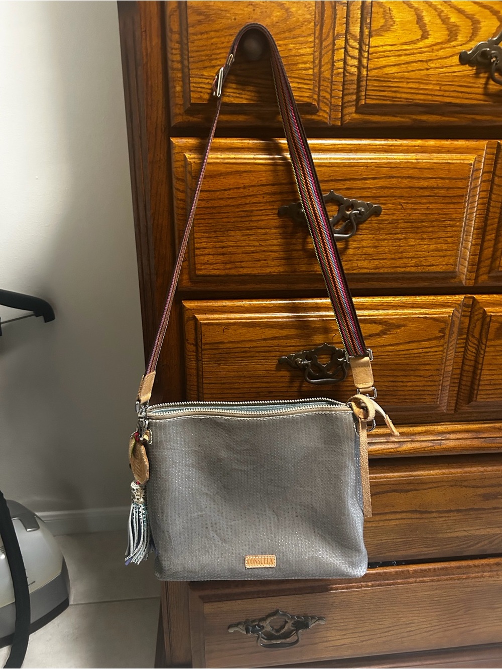 Taupe Leather Crossbody Bag with Colorful Woven Strap - Picture 12 of 13
